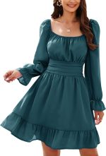 AISWI Women's Tie Back Flowy Dress Long Lantern Sleeve Square Neck Ruffle Elastic Waist Aline Casual Mini Dress - Image 2